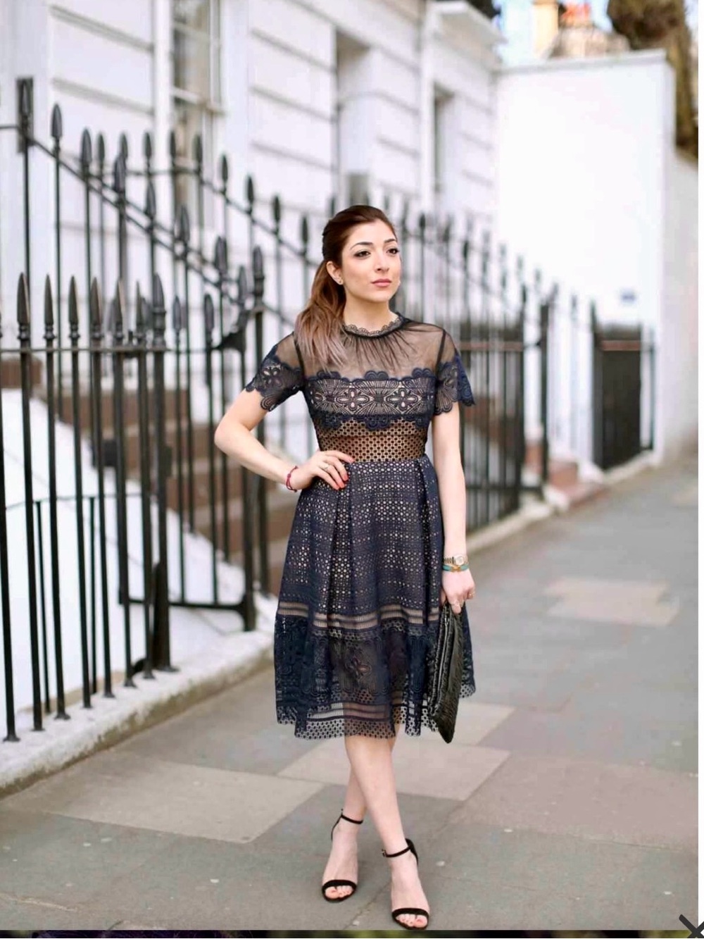 Saks Fifth Avenue Navy Lace Fit-and-Flare Midi Dress
